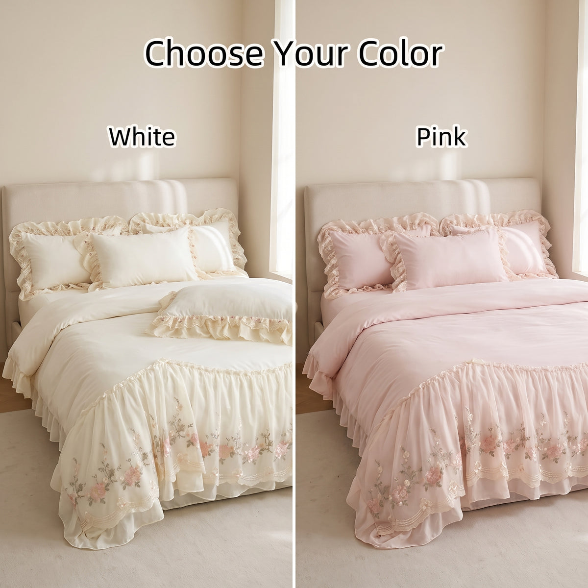 3-Piece Floral Lace Embroidered Ruffle Duvet Cover Set