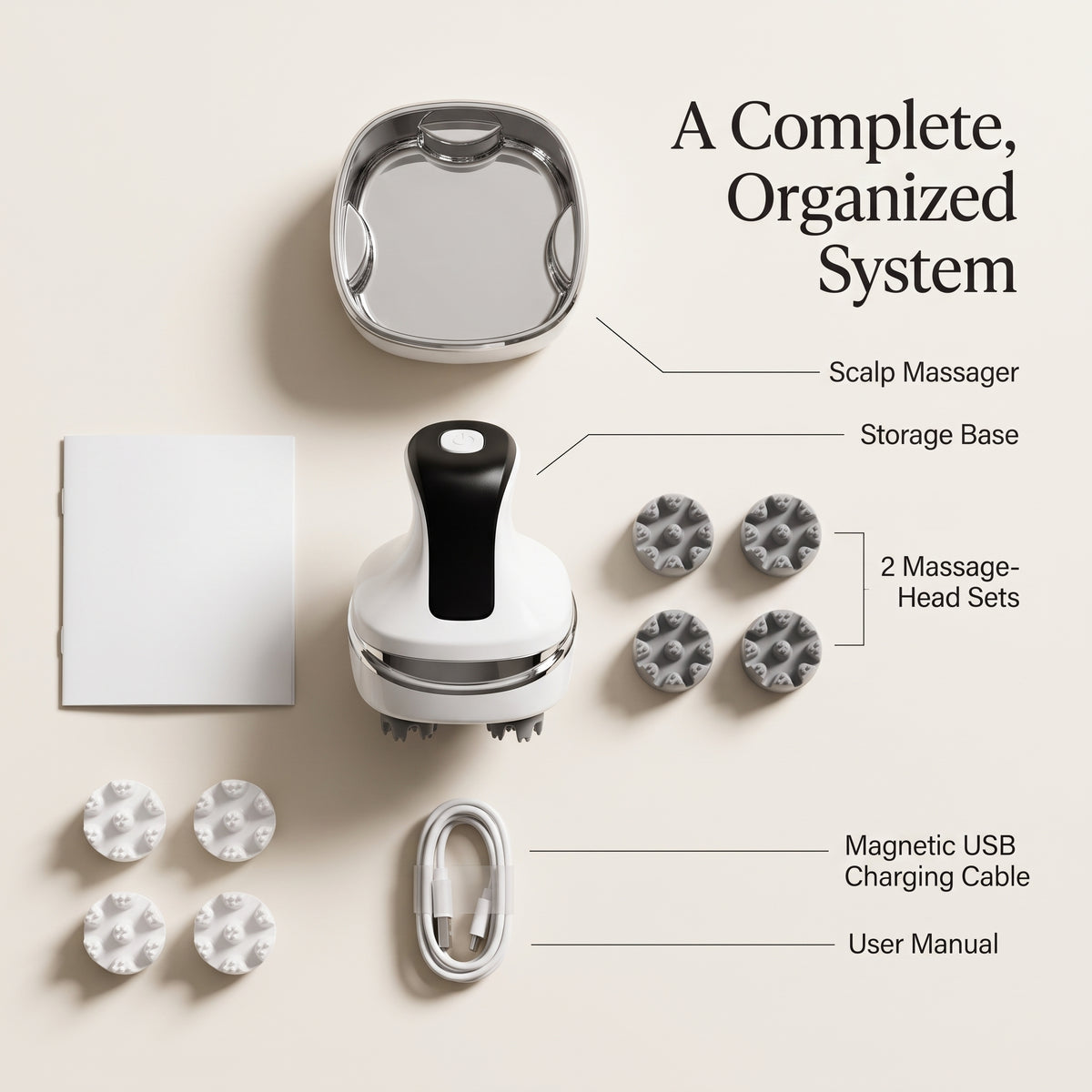 4-Head Rotating Scalp Massager with Interchangeable Massage Heads & Light Modes