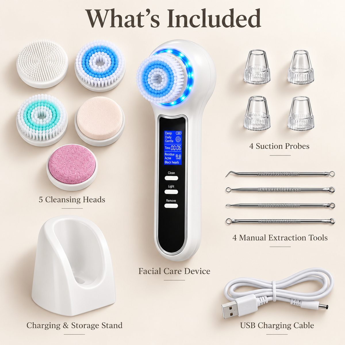 3-in-1 Rotating Facial Cleansing Brush With Suction & Light Modes