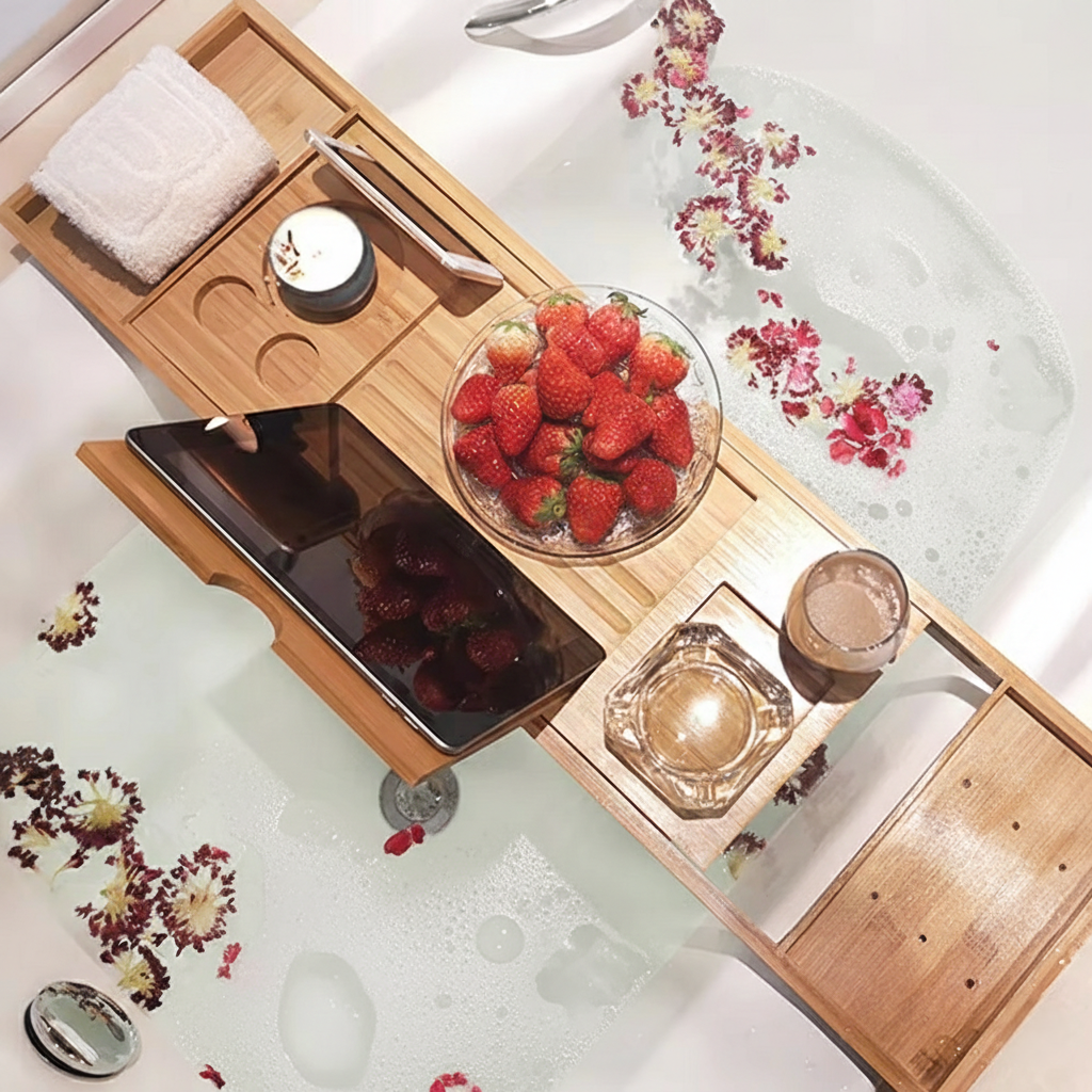 Bamboo Bath Caddy Tray for Bathtub Relaxation