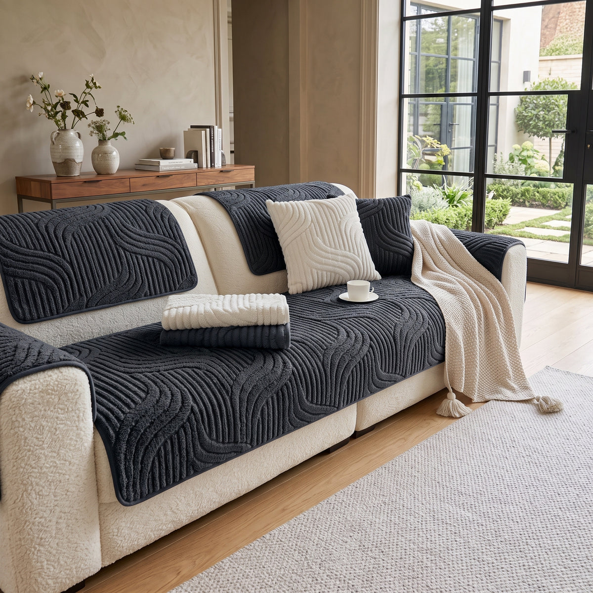 Velvet Striped Non-Slip Sofa Cushion Cover