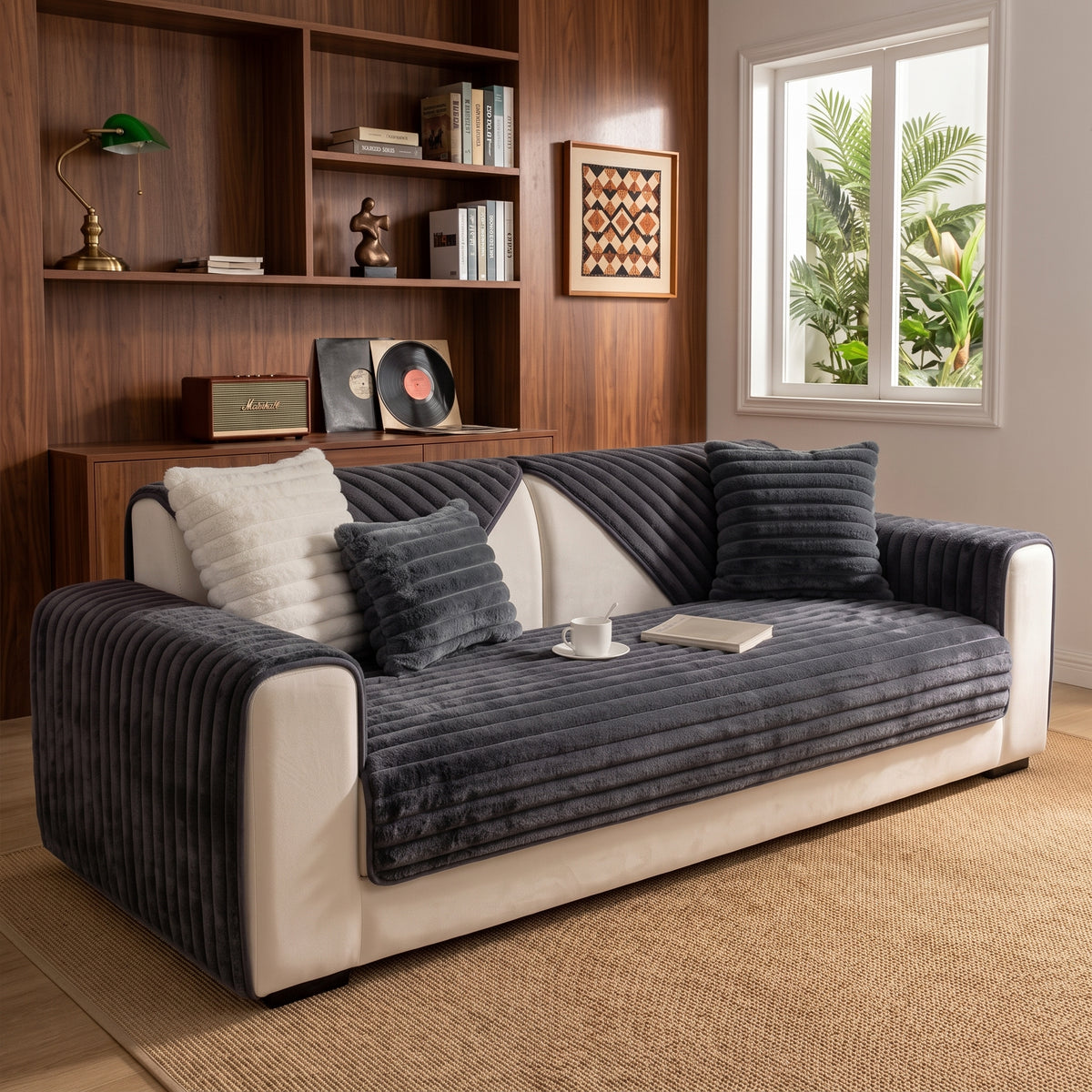 Plush Ribbed Non-Slip Sofa Cover
