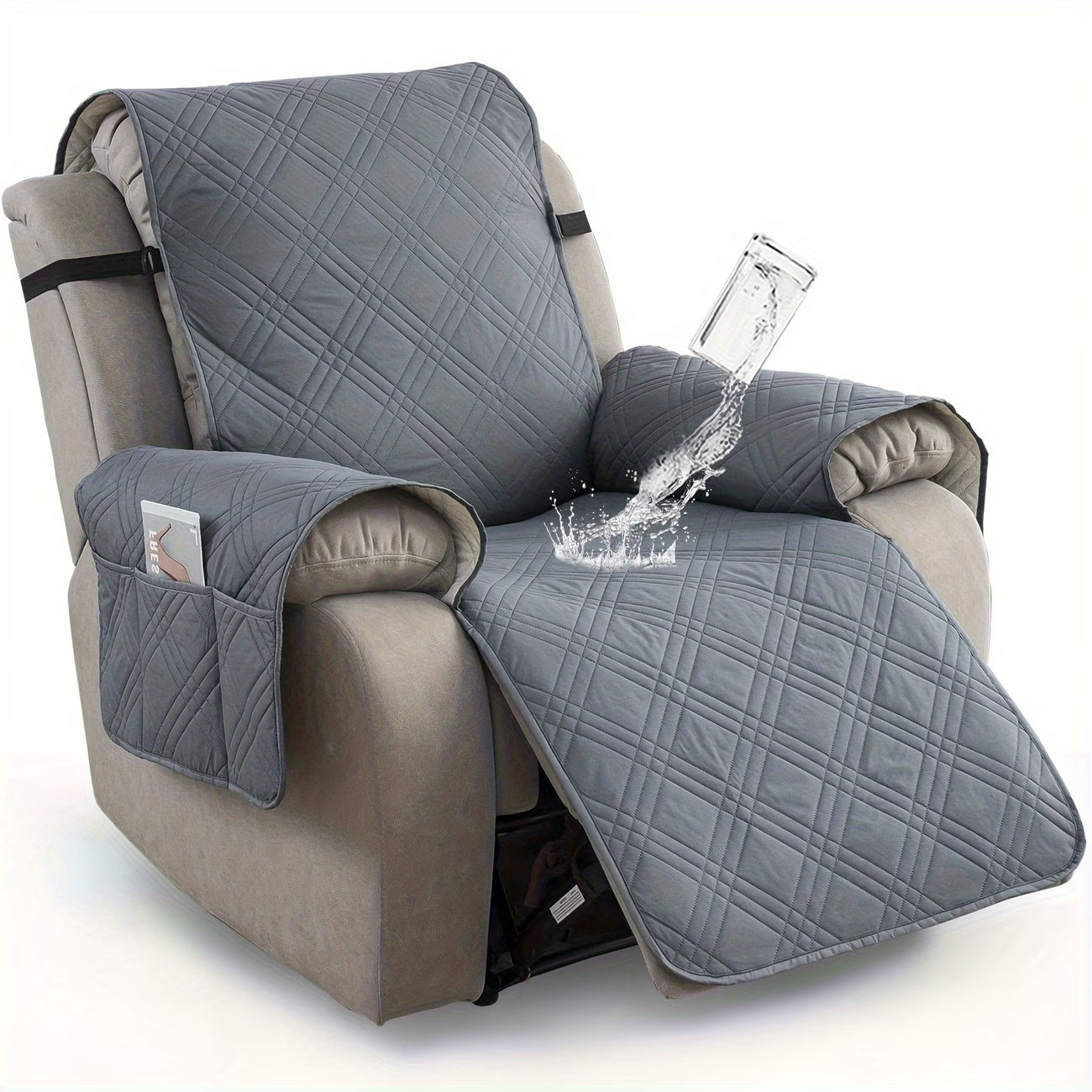 Waterproof Quilted Recliner Chair Cover With Non-Slip Backing & Storage Pockets