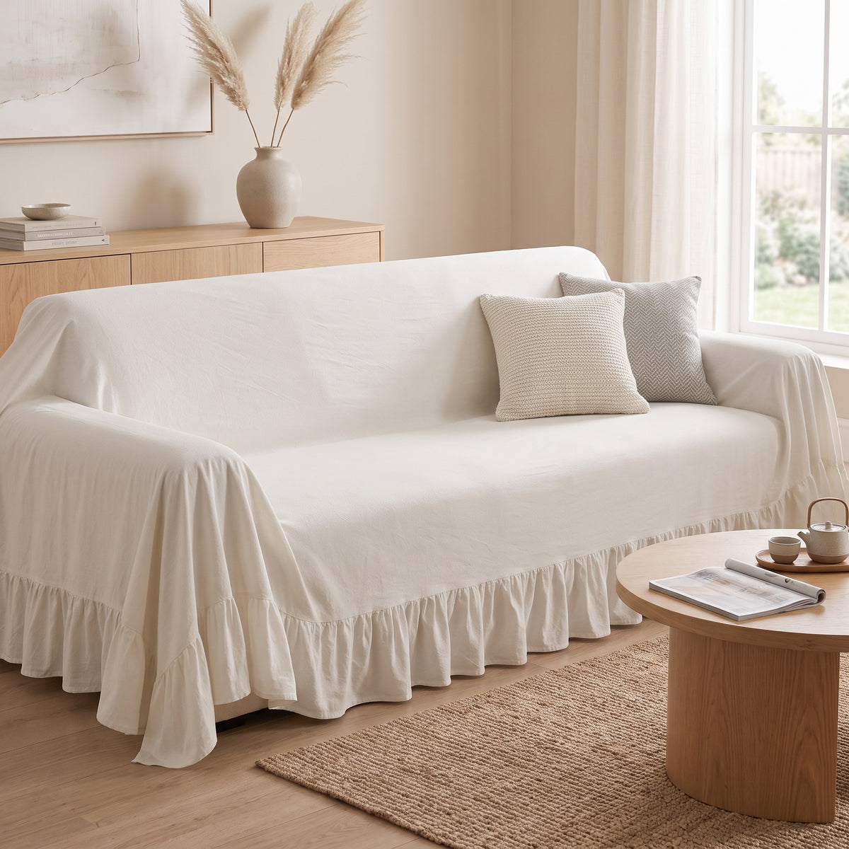 100% Cotton Ruffled Drape Sofa Cover with Anti-Slip Design