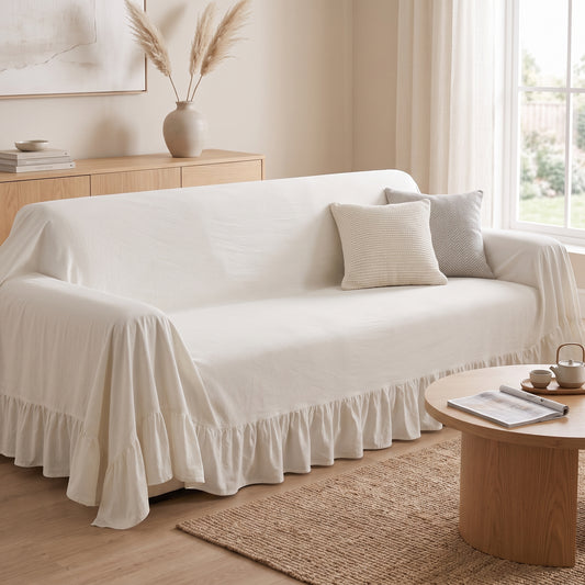 100% Cotton Ruffled Drape Sofa Cover with Anti-Slip Design