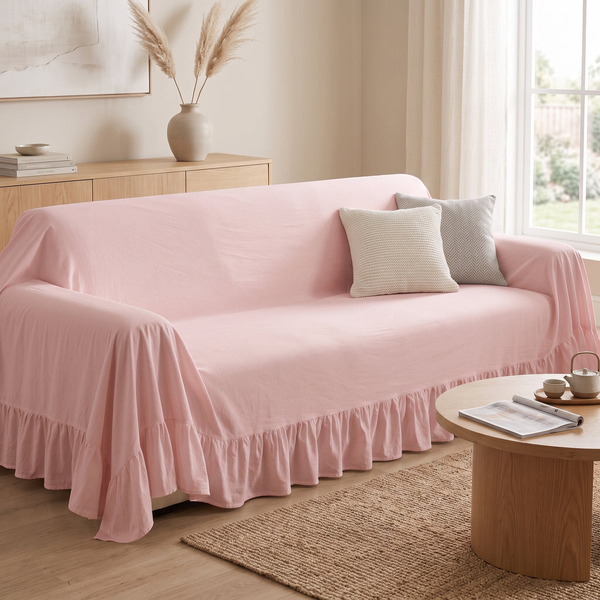 100% Cotton Ruffled Drape Sofa Cover with Anti-Slip Design