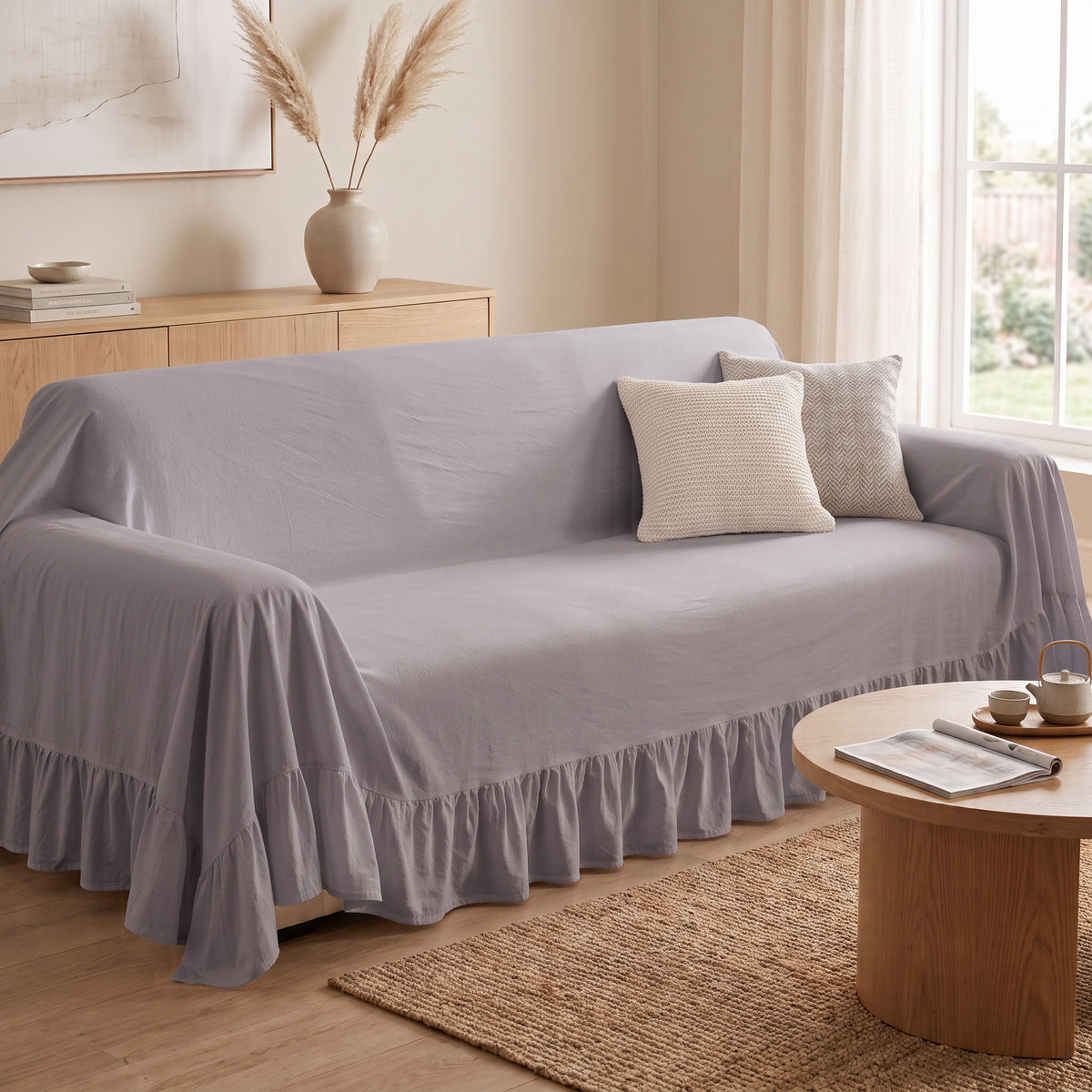 100% Cotton Ruffled Drape Sofa Cover with Anti-Slip Design