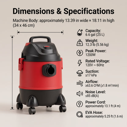 1200W 25L Wet/Dry/Blow Vacuum Cleaner with 5-Stage Filtration
