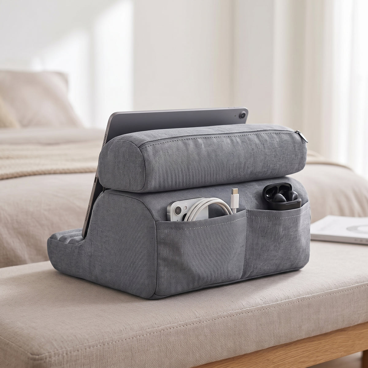 3-Angle Tablet Pillow Stand with Storage Pockets