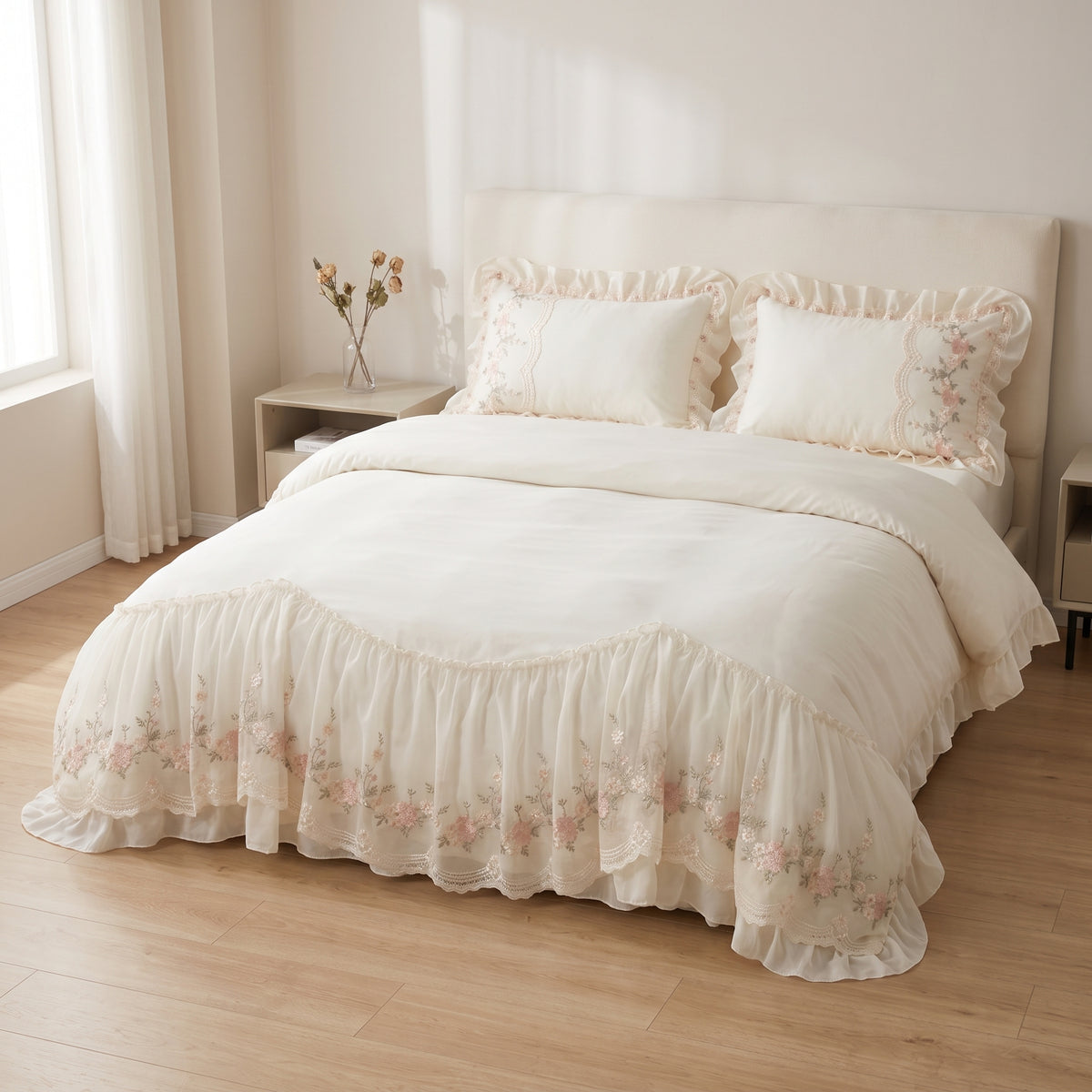 3-Piece Floral Lace Embroidered Ruffle Duvet Cover Set