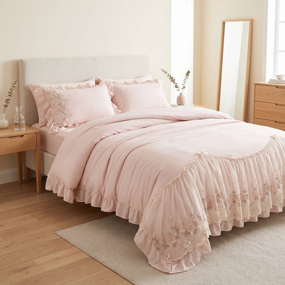 3-Piece Floral Lace Embroidered Ruffle Duvet Cover Set