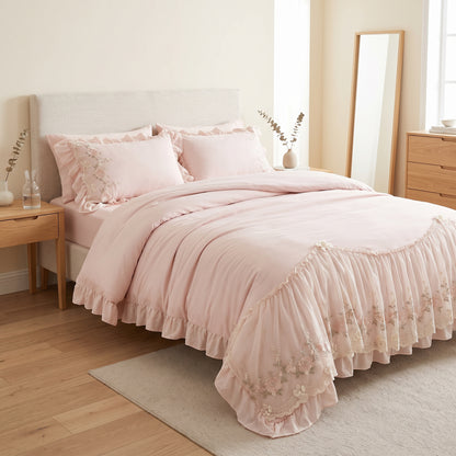 3-Piece Floral Lace Embroidered Ruffle Duvet Cover Set