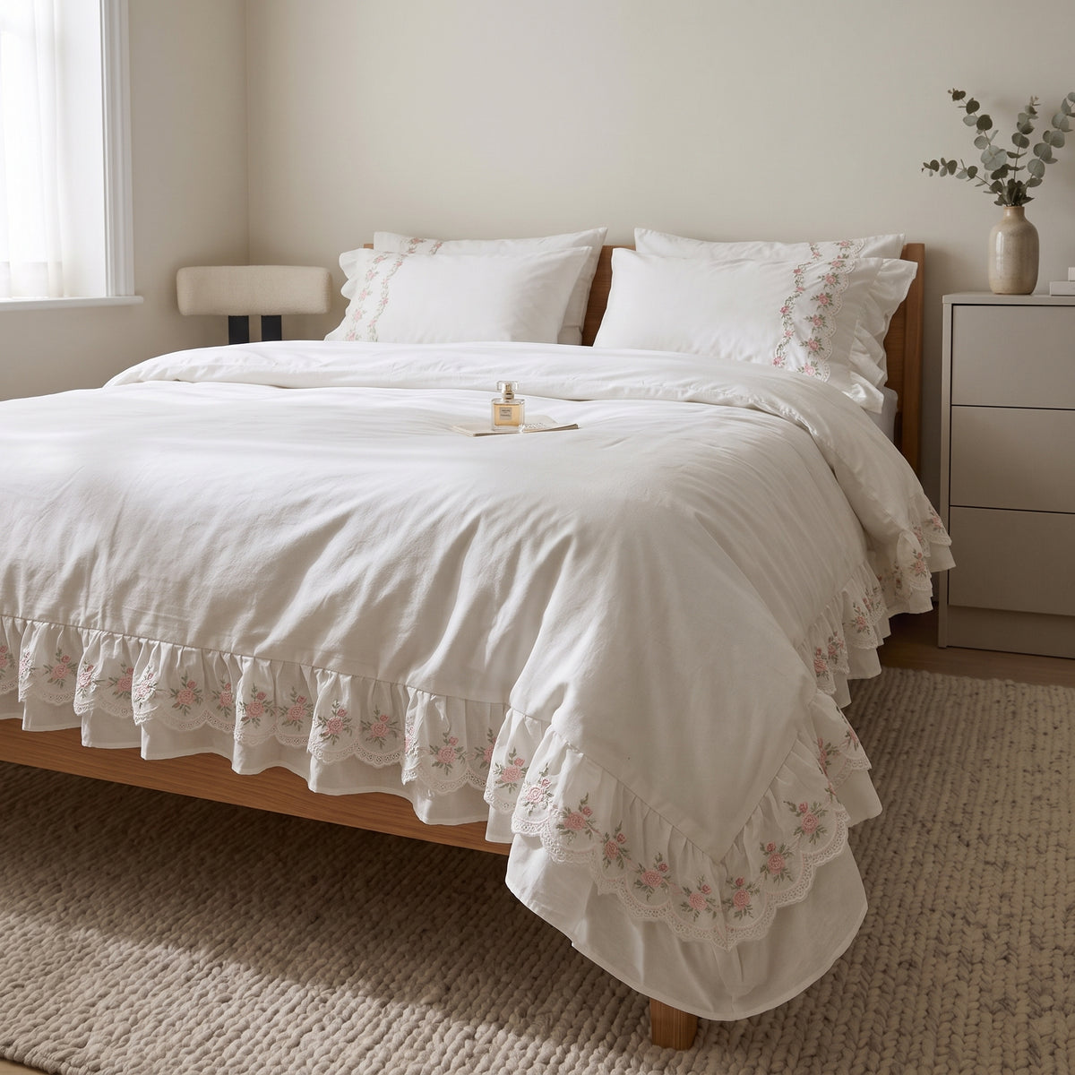 3-Piece Floral Lace Embroidered Ruffle Duvet Cover Set
