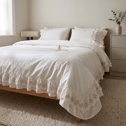 3-Piece Floral Lace Embroidered Ruffle Duvet Cover Set