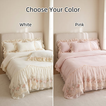 3-Piece Floral Lace Embroidered Ruffle Duvet Cover Set