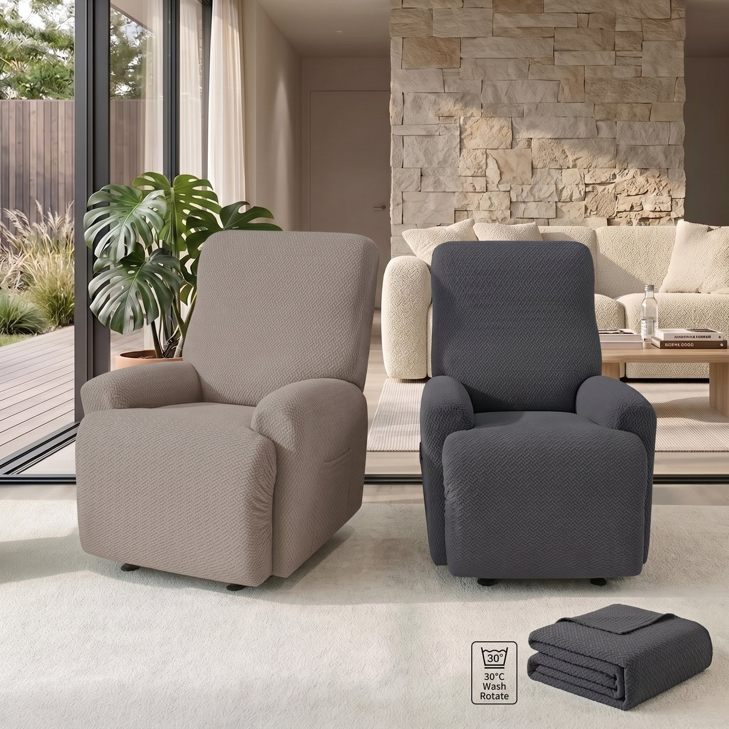 4-Piece Jacquard Stretch Recliner Chair Cover with Side Pocket