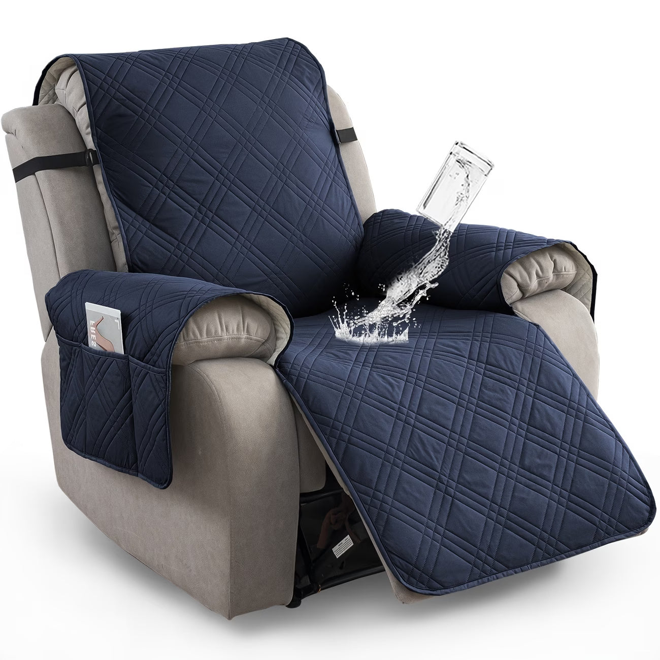 Waterproof Quilted Recliner Chair Cover With Non-Slip Backing & Storage Pockets