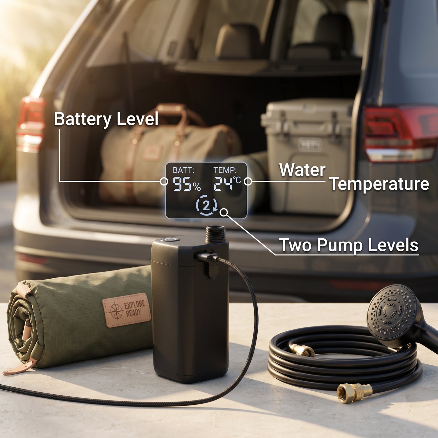 6000mAh Rechargeable Camping Shower with LED Temperature Display