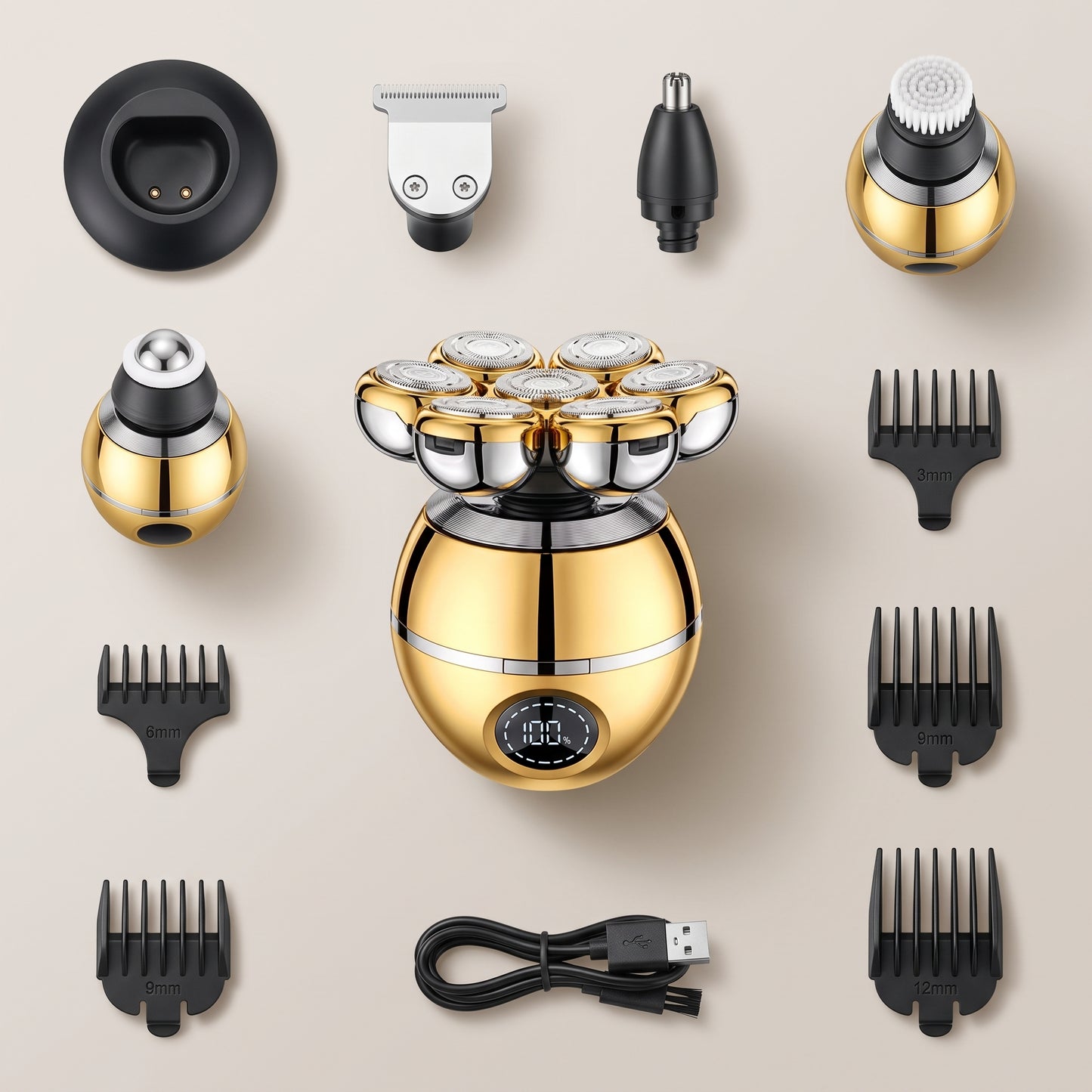 7-Head Rotary Electric Head Shaver & 5-in-1 Grooming Kit