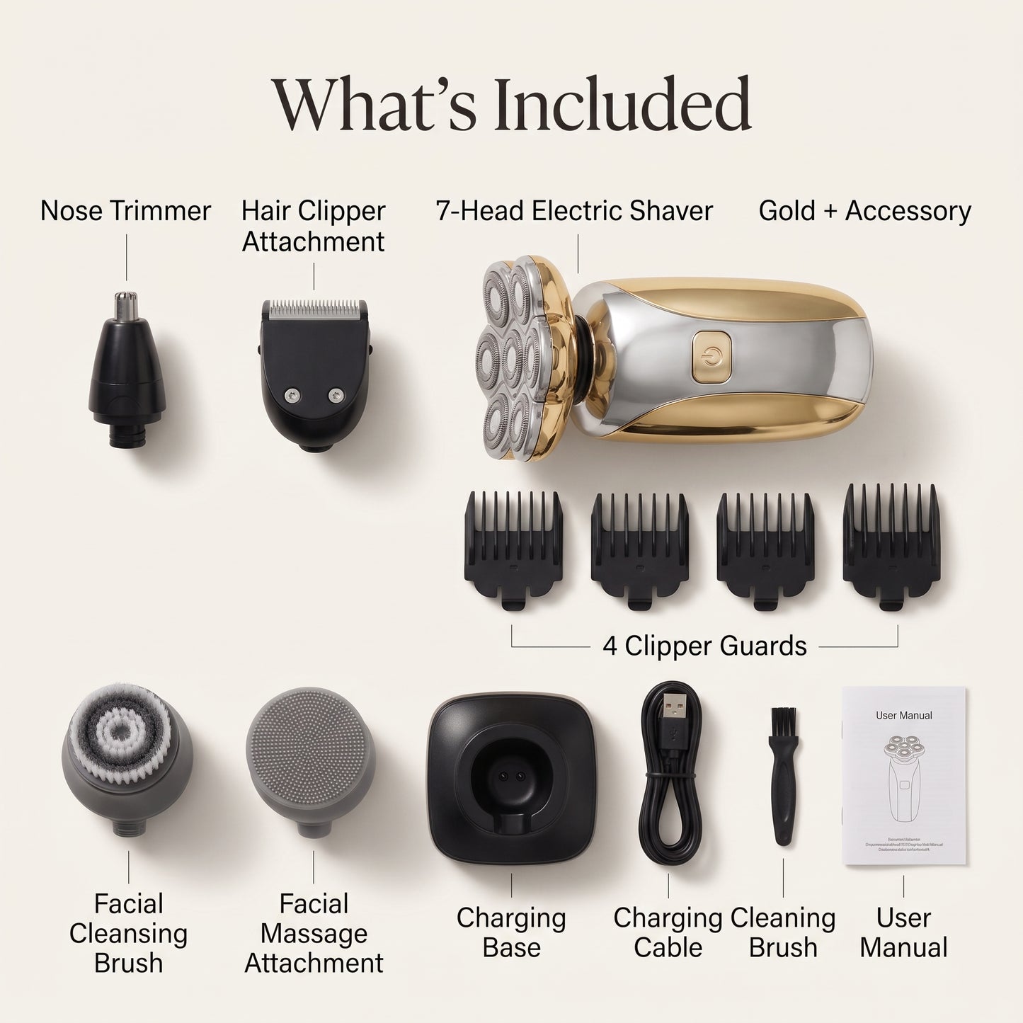 7-Head Rotary Electric Head Shaver & 5-in-1 Grooming Kit