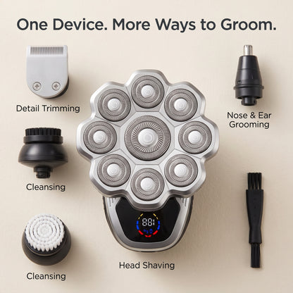9-Head 5-in-1 Electric Head Shaver for Men - Wet & Dry Rotary Razor
