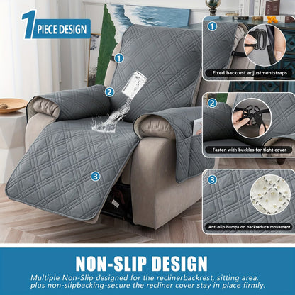 Waterproof Quilted Recliner Chair Cover With Non-Slip Backing & Storage Pockets