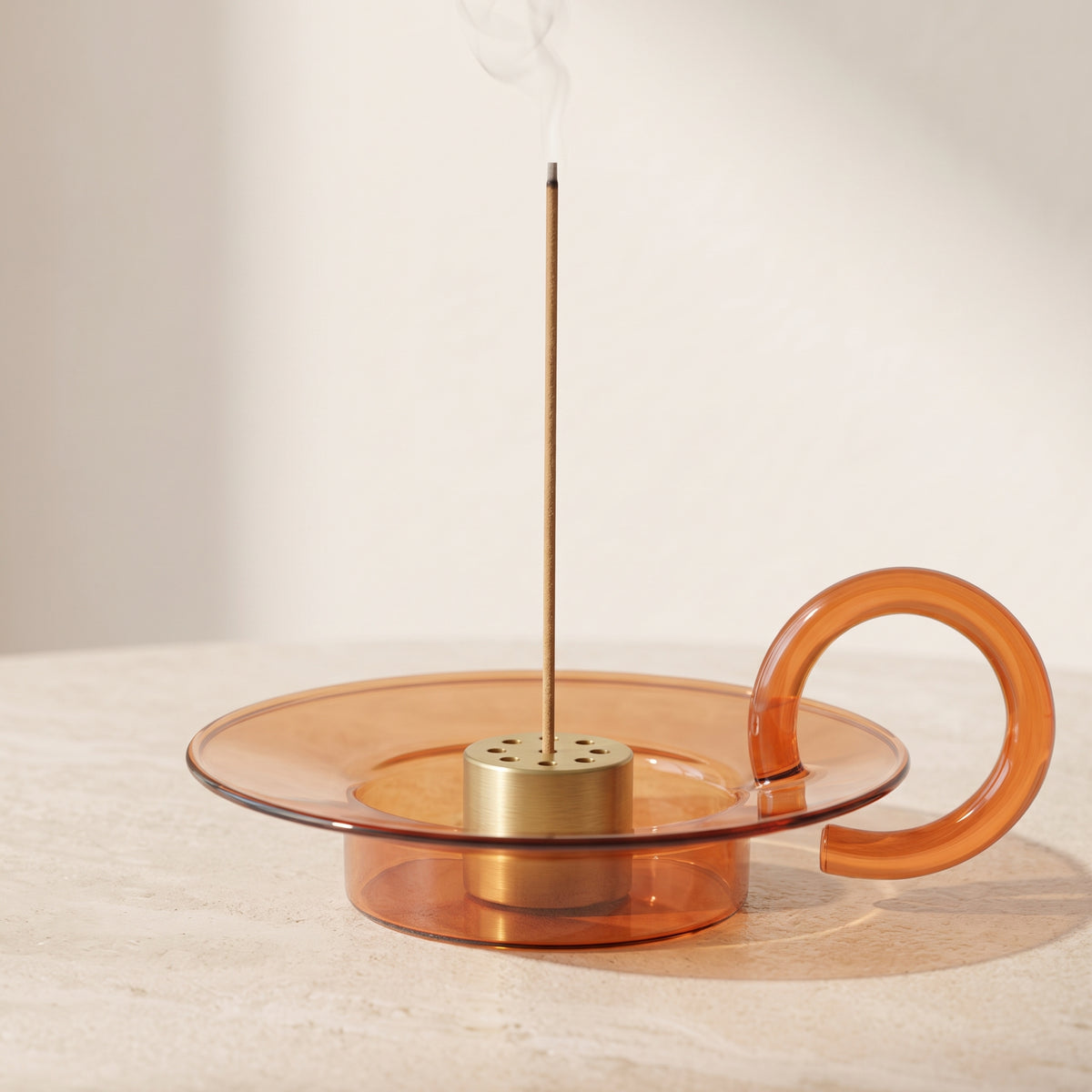 Amber Glass Incense Holder with Nine-Hole Brass Insert & Ash Catcher