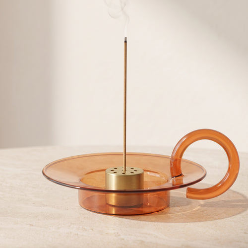 Amber Glass Incense Holder with Nine-Hole Brass Insert & Ash Catcher