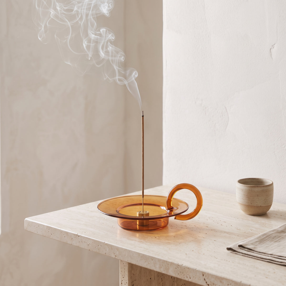 Amber Glass Incense Holder with Nine-Hole Brass Insert & Ash Catcher