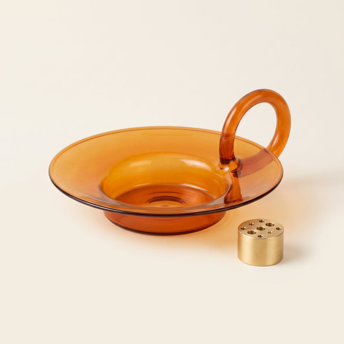 Amber Glass Incense Holder with Nine-Hole Brass Insert & Ash Catcher