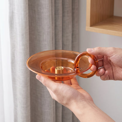 Amber Glass Incense Holder with Nine-Hole Brass Insert & Ash Catcher