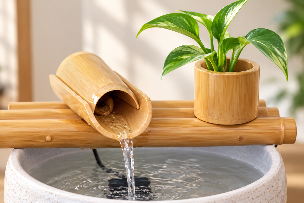 Bamboo Desktop Water Fountain with Recirculating Pump & Planter