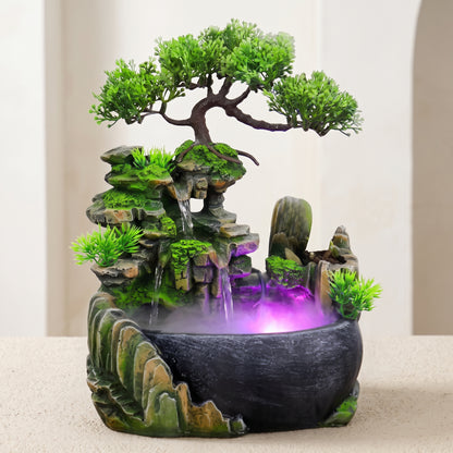 Bonsai Landscape Tabletop Waterfall Fountain with Color-Changing LED Mist