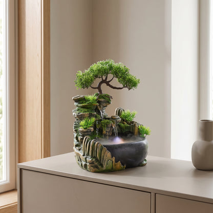 Bonsai Landscape Tabletop Waterfall Fountain with Color-Changing LED Mist