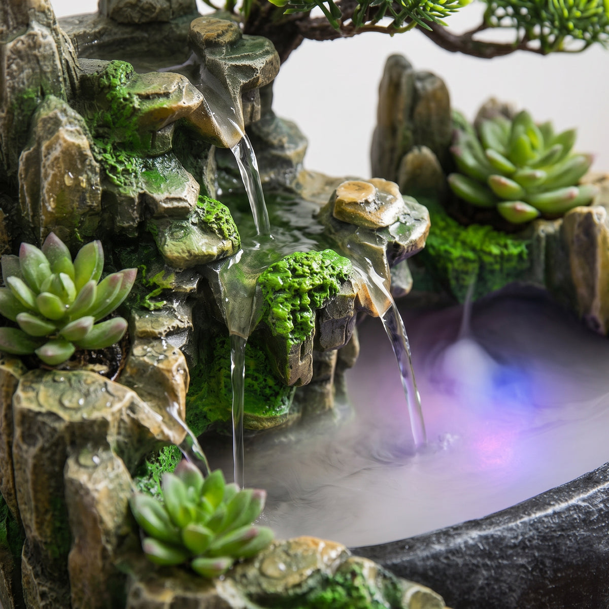 Bonsai Landscape Tabletop Waterfall Fountain with Color-Changing LED Mist