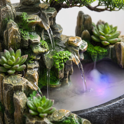 Bonsai Landscape Tabletop Waterfall Fountain with Color-Changing LED Mist