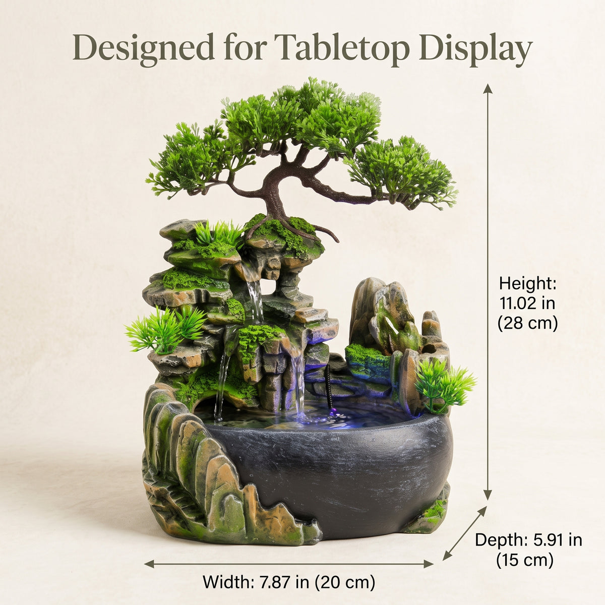 Bonsai Landscape Tabletop Waterfall Fountain with Color-Changing LED Mist
