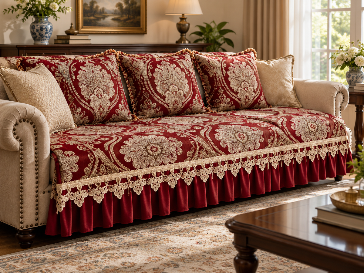 Jacquard Anti-Slip Sofa Protector with 18 cm Decorative Skirt