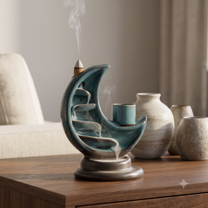 Ceramic Crescent Moon Backflow Incense Burner & Candle Holder