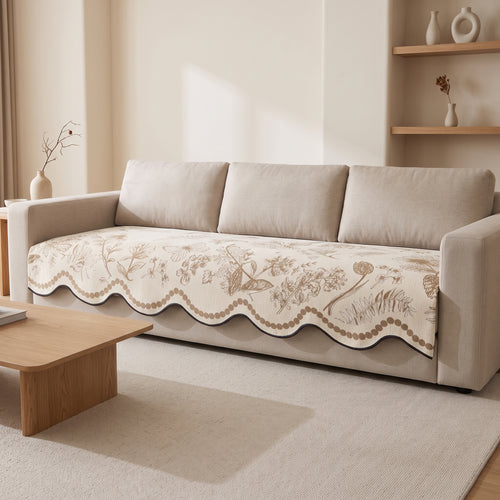 Chenille Anti-Slip Sofa Seat Cover with Scalloped Botanical Edge