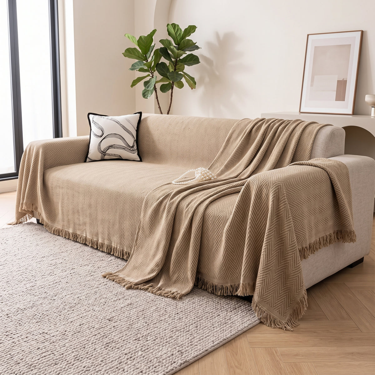 Chenille Herringbone Sofa Throw Cover with Tassel Edge