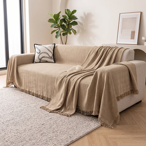 Chenille Herringbone Sofa Throw Cover with Tassel Edge