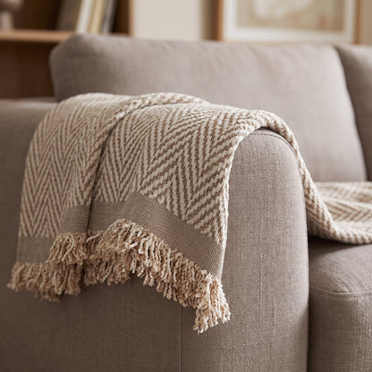 Chenille Herringbone Sofa Throw Cover with Tassel Edge