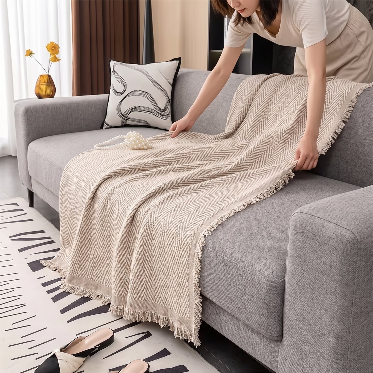 Chenille Herringbone Sofa Throw Cover with Tassel Edge