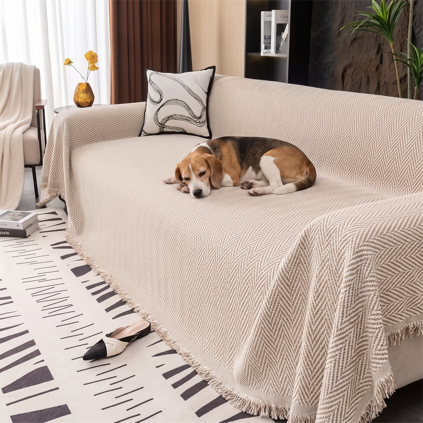 Chenille Herringbone Sofa Throw Cover with Tassel Edge