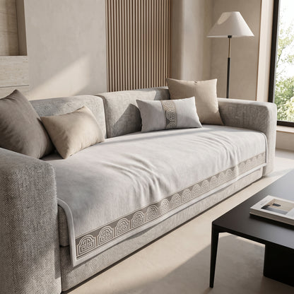 Chenille Sofa Cover with Anti-Slip Backing & Decorative Border