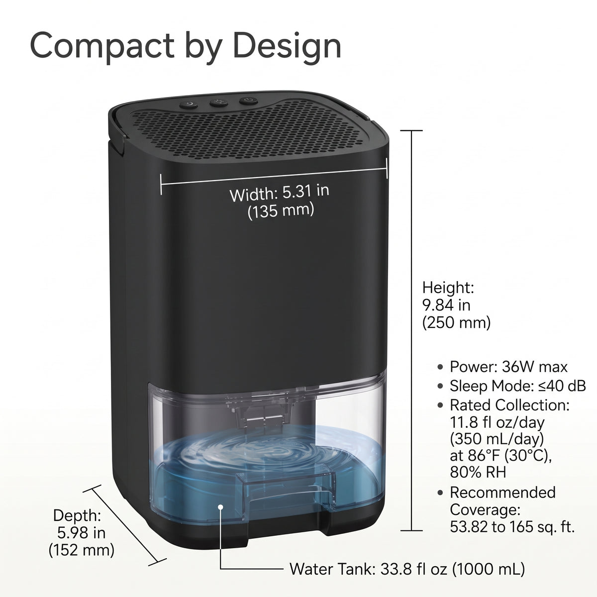 Compact Thermoelectric Dehumidifier with 1000 mL Tank & Sleep Mode