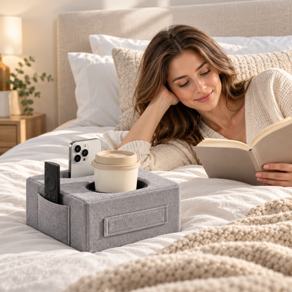 Couch Cup Holder Caddy Pillow with 4-Compartment Organizer & Side Pocket