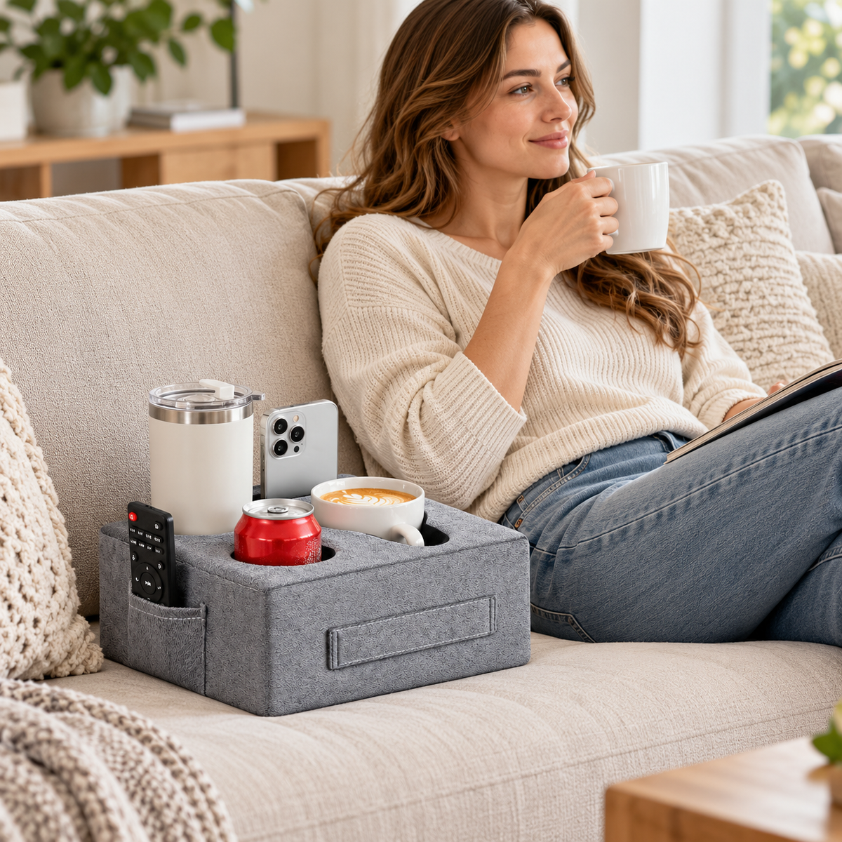 Couch Cup Holder Caddy Pillow with 4-Compartment Organizer & Side Pocket