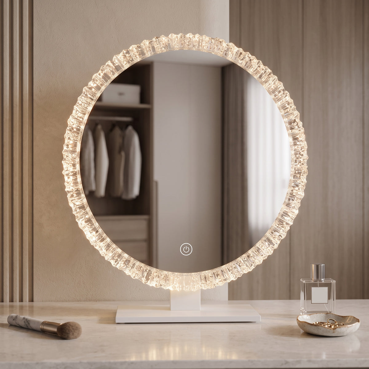 Crystal-Textured LED Vanity Mirror with Touch Dimming